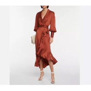 Zimmermann Crimson Rust Red Silk Satin Wrap Dress - Zimm sz 2 - US Size 8 Medium